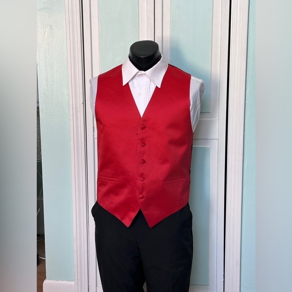 Scarlet Apple Bright Red Satin Closed Back Vest Wedding Prom Men’s XL X-Large